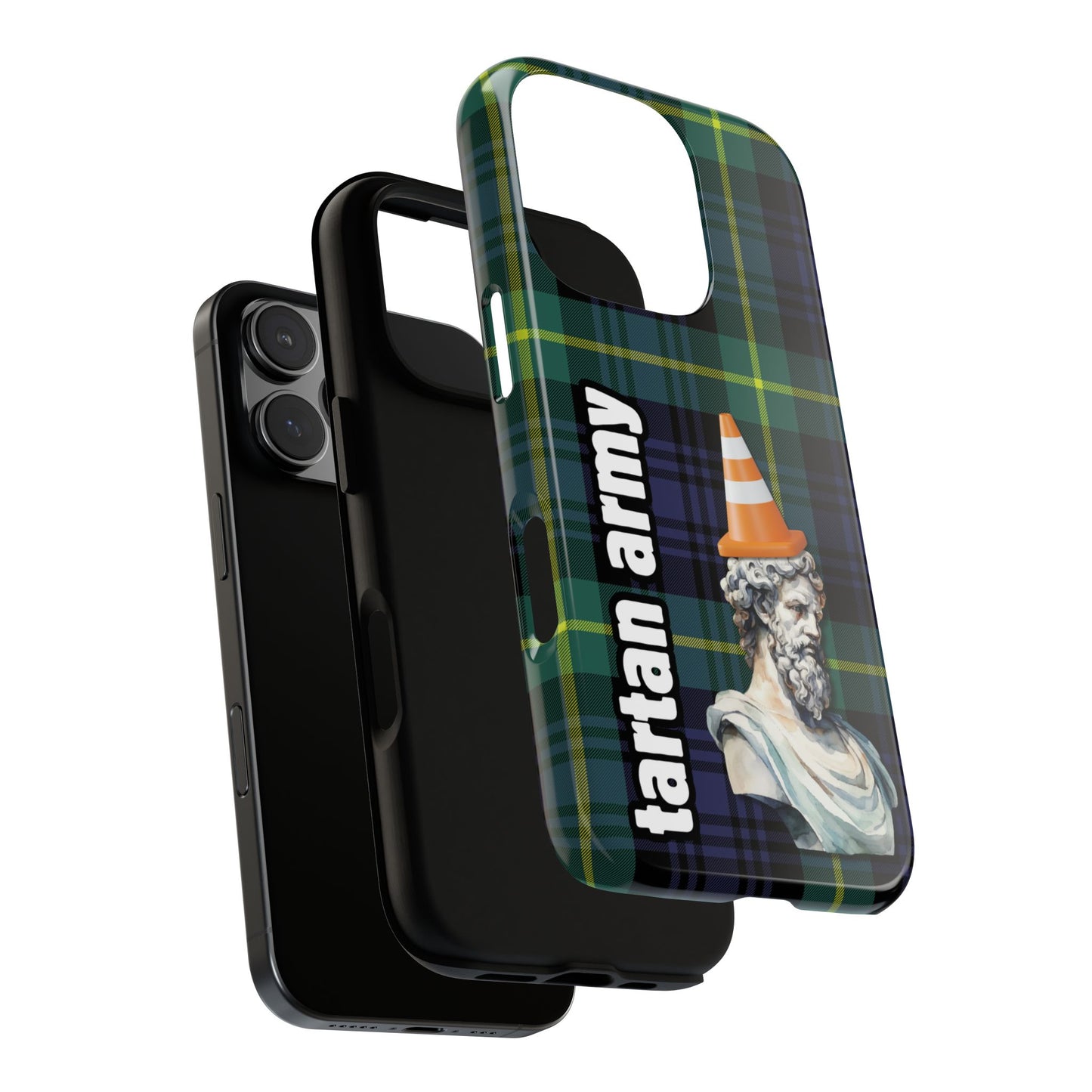Tartan Army Phone Case - Humorous Scottish Statue Cone Design on Green Plaid for iPhone & Samsung