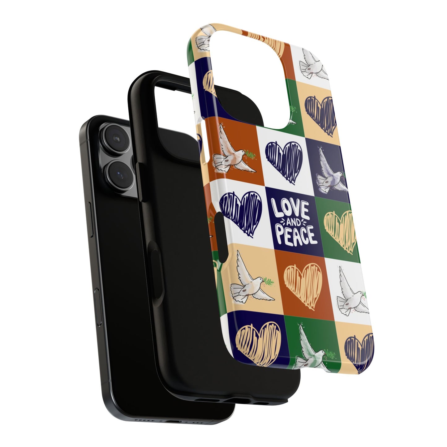 Love and Peace Dove Patchwork Tough Phone Case - Retro Heart Grid Design for iPhone 16 to 11, Samsung S25 to S20 and Google Pixel Various