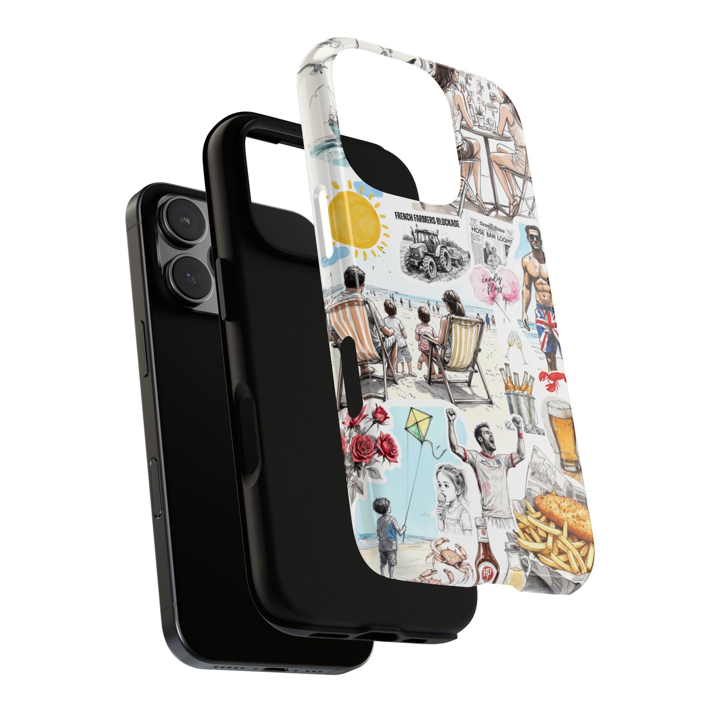 English Summer Collage Tough Phone Case - Beach, Fish & Chips, Seaside Vibes, Vintage British Aesthetic for iPhone and Samsung phones