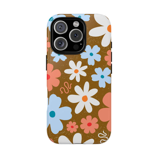Brown Retro Boho Floral Phone Case - Groovy 70s Style Tough Case for Popular Smartphones - Blue Coral Daisy Flower Pattern Cover
