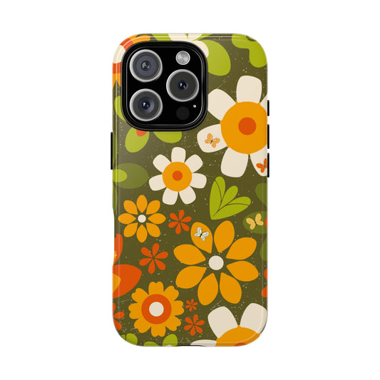 Retro Boho Floral Phone Case with Butterflies - 70s Style Tough Case for Popular Smartphones - Vintage Flower Power Pattern Cover