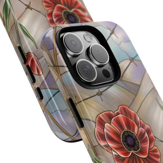 Stained Glass Poppies Phone Case - WWI Memorial Design with Barbed Wire - Tough Case for Popular Smartphones