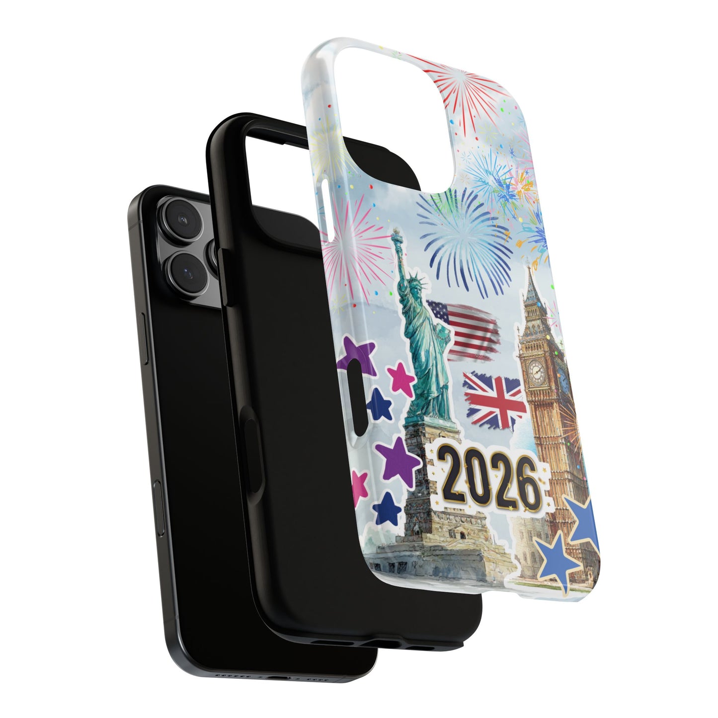 2026 World Celebration Phone Case - USA UK Landmarks Fireworks Tough Case
