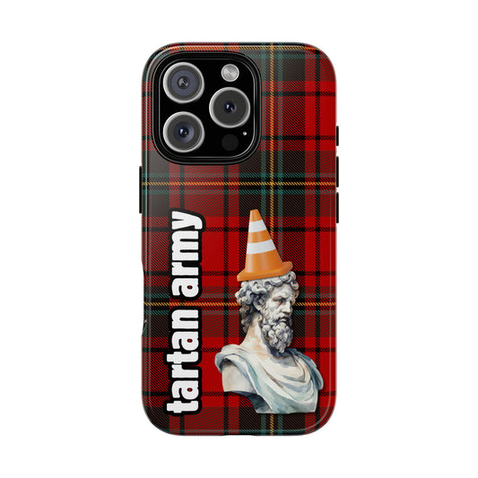 Tartan Army Phone Case - Funny Scottish Statue Cone Design on Red Plaid for Popular Smartphones