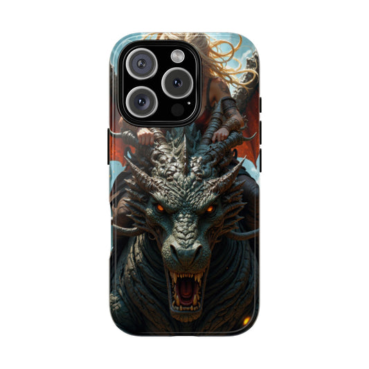 Fantasy Dragon Rider Tough Cases, Protective Cover for Gamers, Unique Gift, Blonde Maiden on Dragon, Phone Case