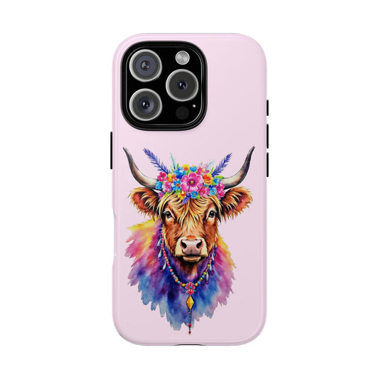 Highland Cow Phone Case - Boho Cow with Flowers & Beads - Psychedelic Watercolor Cow