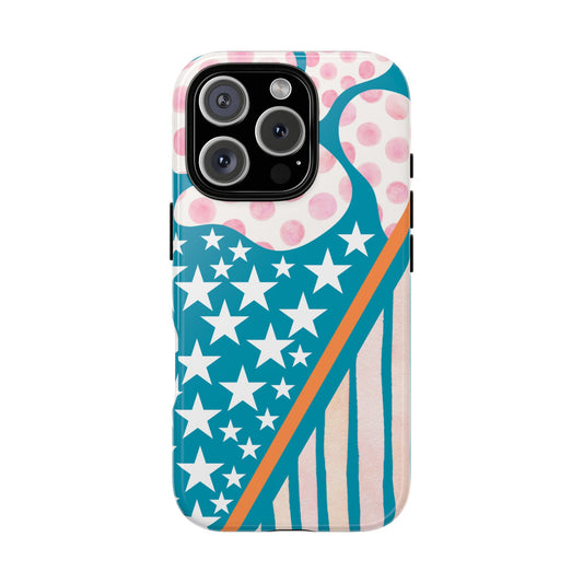 Abstract Stars Stripes and Polka Dots Tough Phone Case - Retro Red White Blue Modern Pop Art Vibe for popular smartphones
