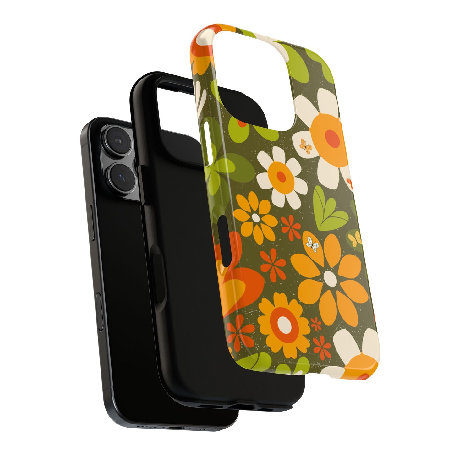 Retro Boho Floral Phone Case with Butterflies - 70s Style Tough Case for iPhone & Samsung - Vintage Flower Power Pattern Cover