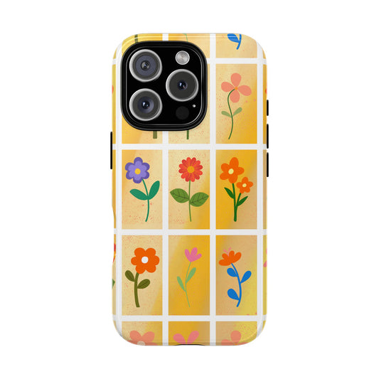 Retro Floral Grid Phone Case - Vintage Summer Flowers on Textured Gradient Background for Popular Smartphones, Cute Tough Case Wraparound