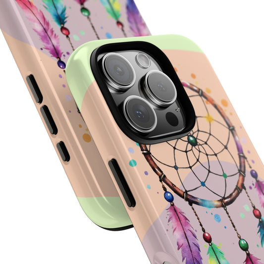 Boho Rainbow Dreamcatcher Tough Phone Case - Watercolor Feathers, Bohemian Aesthetic Protective Cover for popular smartphones