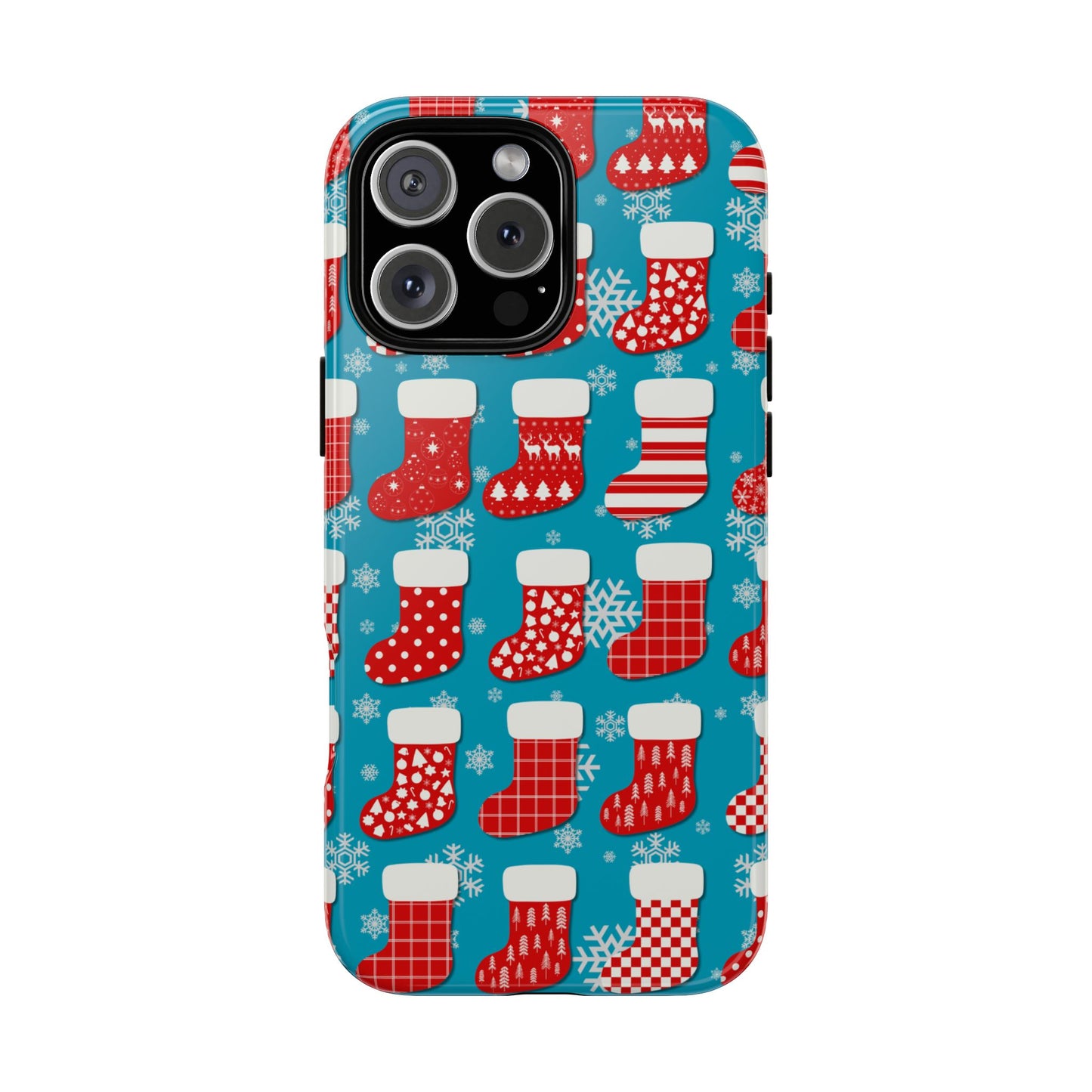 Red Christmas Stockings Tough Phone Case - Festive Holiday Pattern on Blue Background