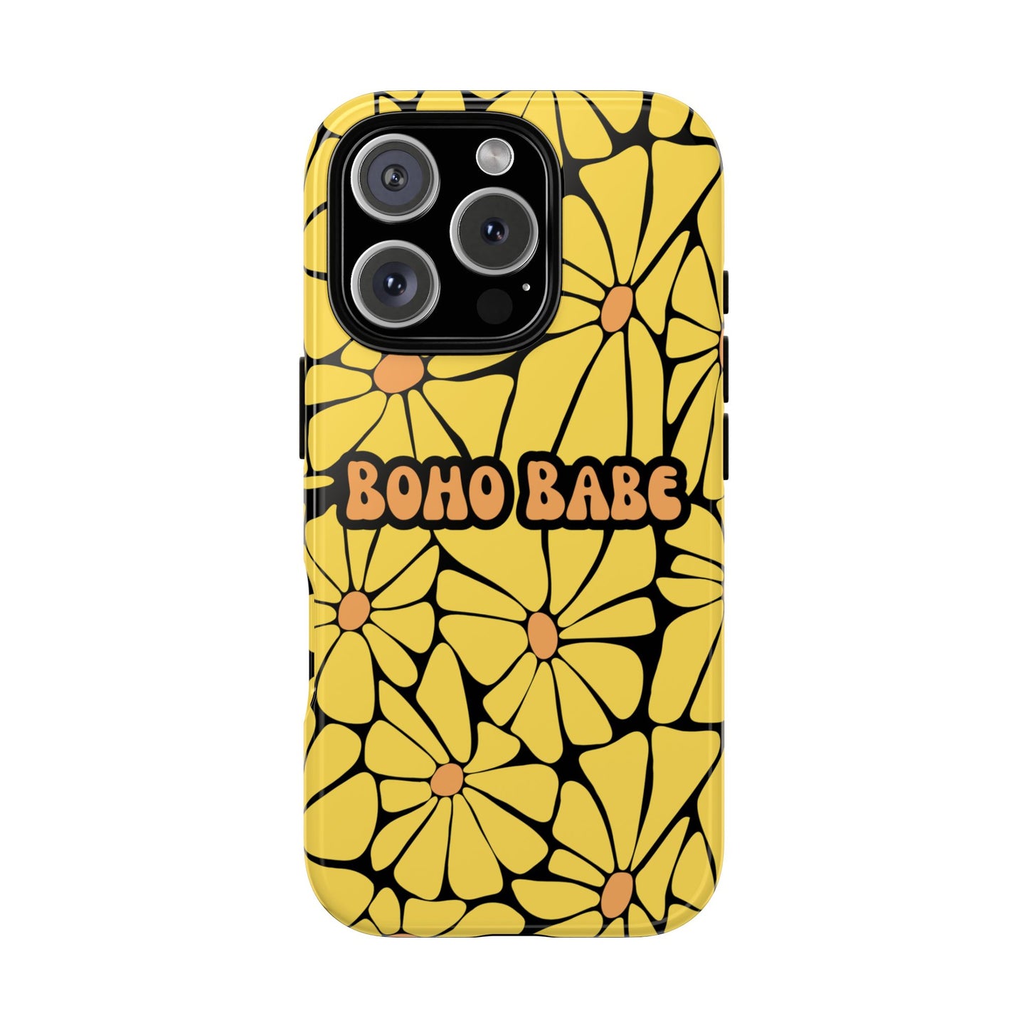 Boho Babe Yellow Flower Phone Case - Retro Boho Floral on Black Background, Bold Aesthetic Tough Case for iPhone & Samsung