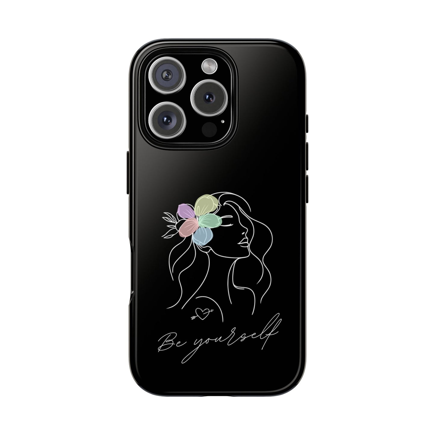 Be Yourself Minimalist Phone Case - Black Line Art with Pastel Flowers & Heart Tattoo - Feminine Empowerment iPhone Samsung Cover