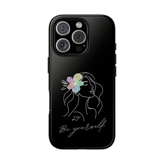 Be Yourself Minimalist Phone Case - Black Line Art with Pastel Flowers & Heart Tattoo - Feminine Empowerment  Cover