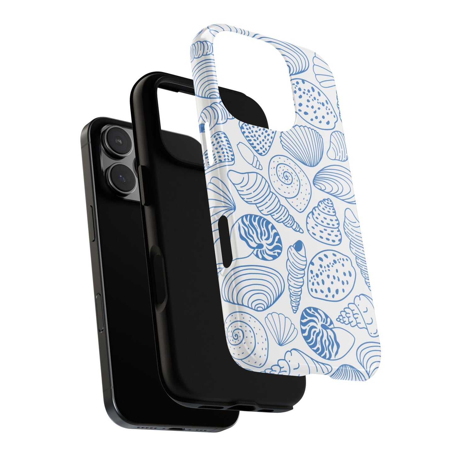 Minimalist Seashell Line Art Phone Case - Blue & White Beach Pattern for iPhone and Samsung - Ocean Aesthetic Coastal Vibes Cover