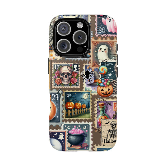 Cute Halloween Stamp Phone Case - Ghost Pumpkin Skull Cat Design - Spooky Fun Collage