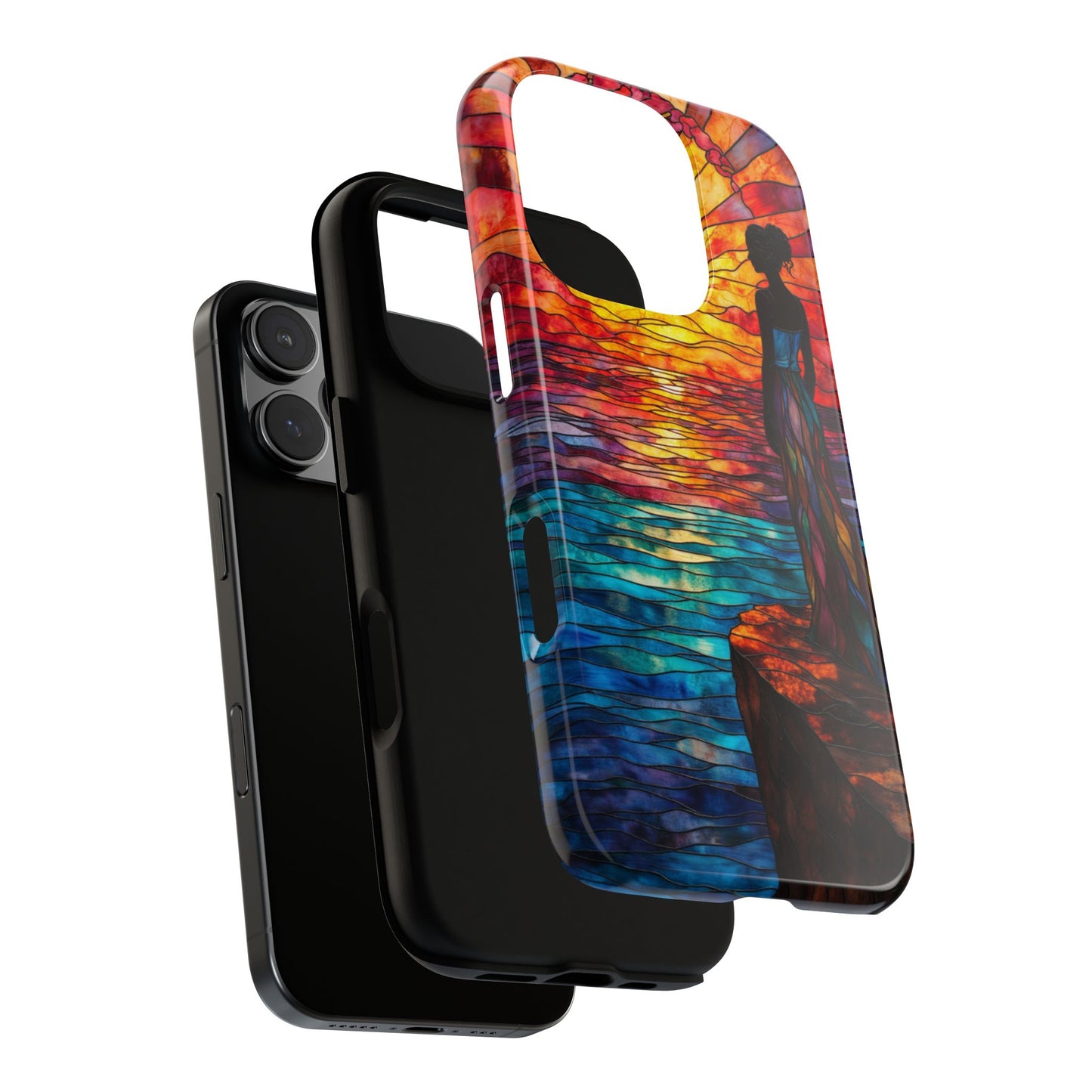 Artistic Stain Glass Phone Case, Vibrant Sunset Silhouette Design, Tough Colorful Phone Cover, Unique Gift Idea