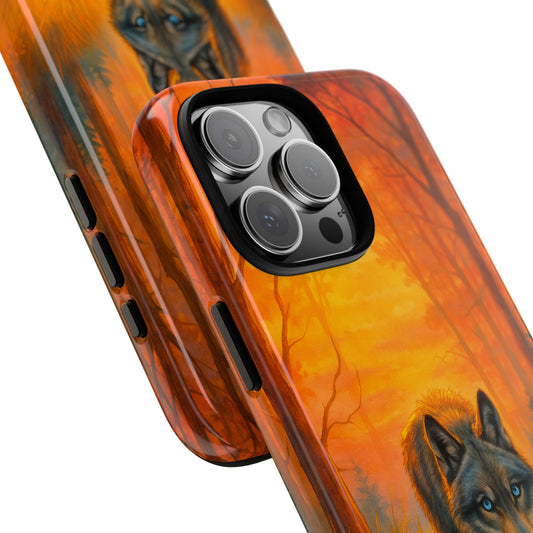 Sunset Wolf - Fiery Forest Phone Case - Bold Animal Art Design - Lone Wolf Illustration - Nature Inspired Tough Case