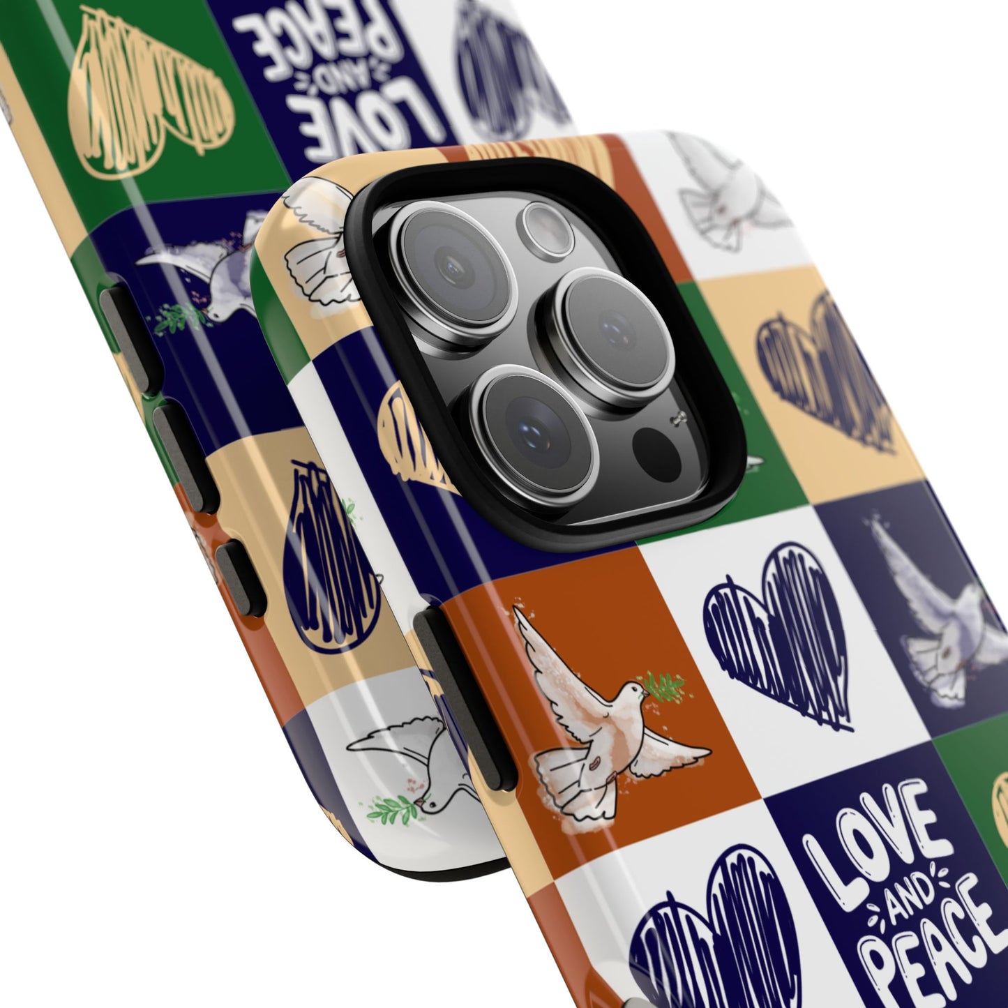 Love and Peace Dove Patchwork Tough Phone Case - Retro Heart Grid Design for iPhone 16 to 11, Samsung S25 to S20 and Google Pixel Various