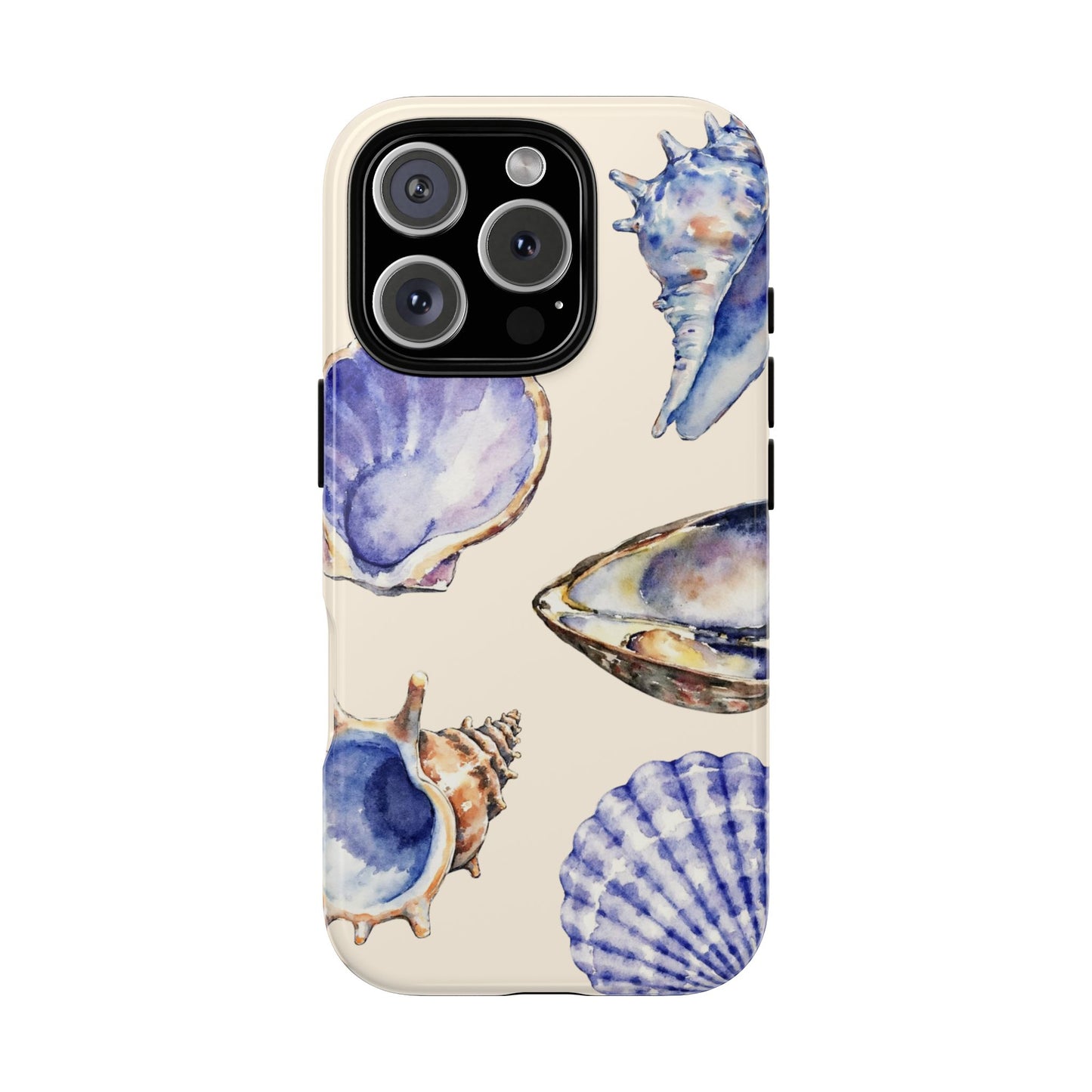 Blue Watercolor Seashell Tough Phone Case - Coastal Shell Design on Cream, for iPhone 16 15 14 13 12 11 Pro Max, Samsung & Google Pixel