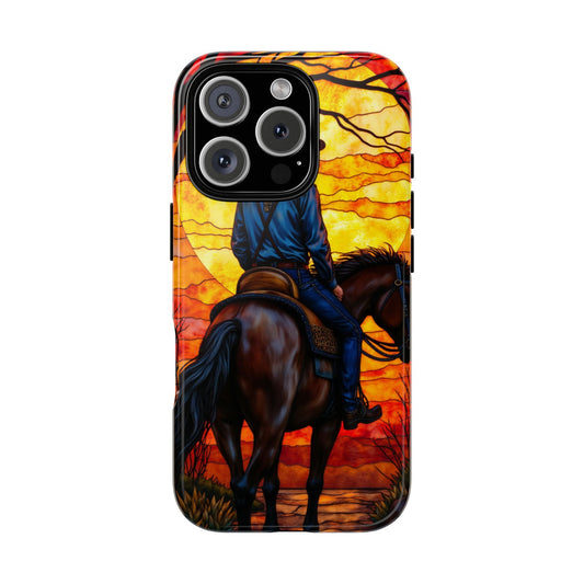 Sunset Cowboy Stained Glass Phone Case, 3D Mosaic Tough Cover for , Protective Artistic Phone Gift