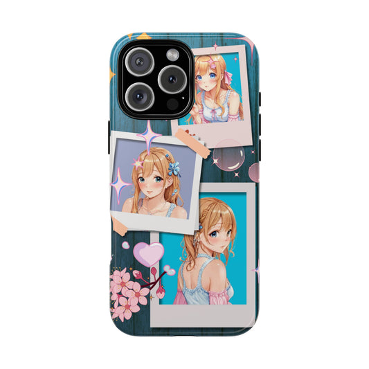 Polaroid Sparkle Girl - Blonde Anime Art Tough Phone Case - Aesthetic Collage Design