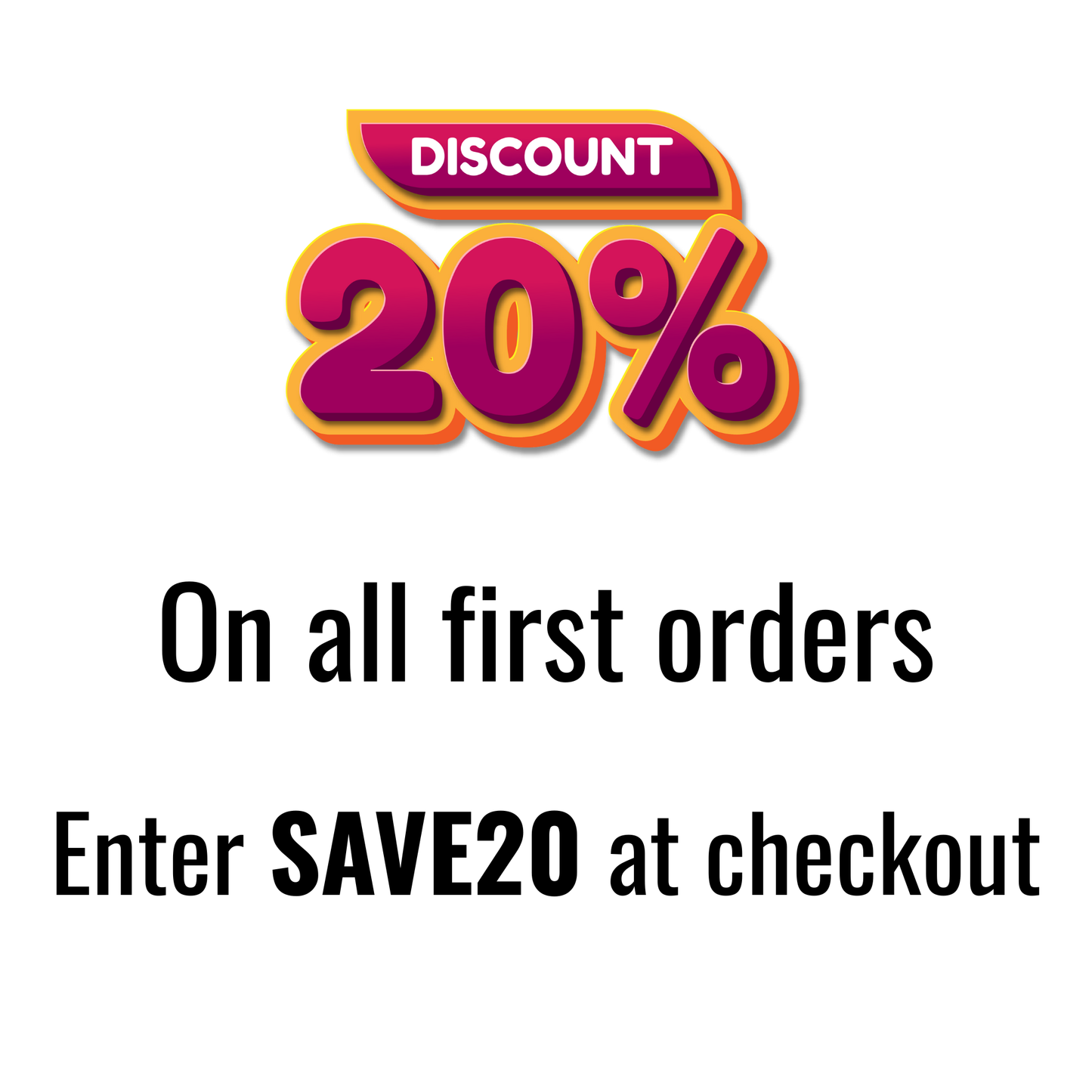 a 20% discount offer on all first orders, with the text "On all first orders Enter SAVE20 at checkout" displayed prominently.