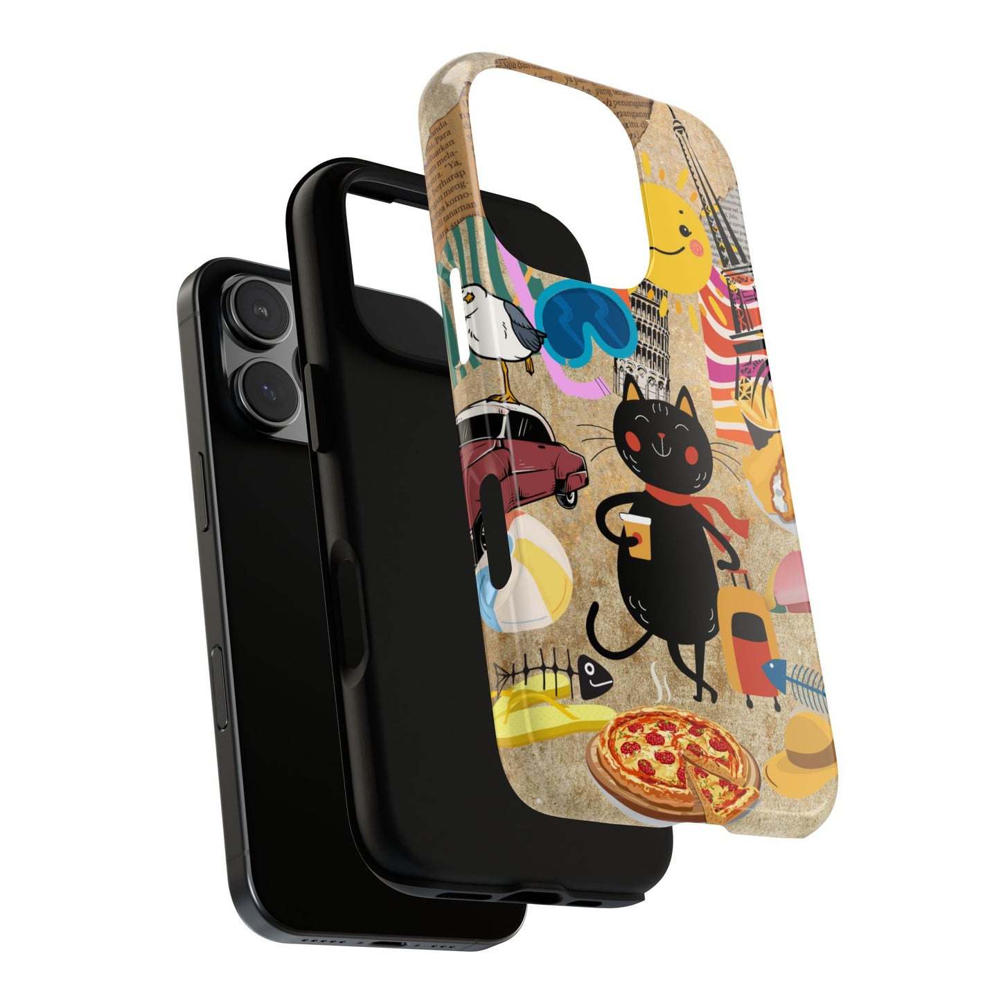 Whimsical Black Cat Holiday Mode Tough Phone Case, Retro Vacation Cover for iPhone Samsung Google, 3D Wraparound Design, Trendy Protective