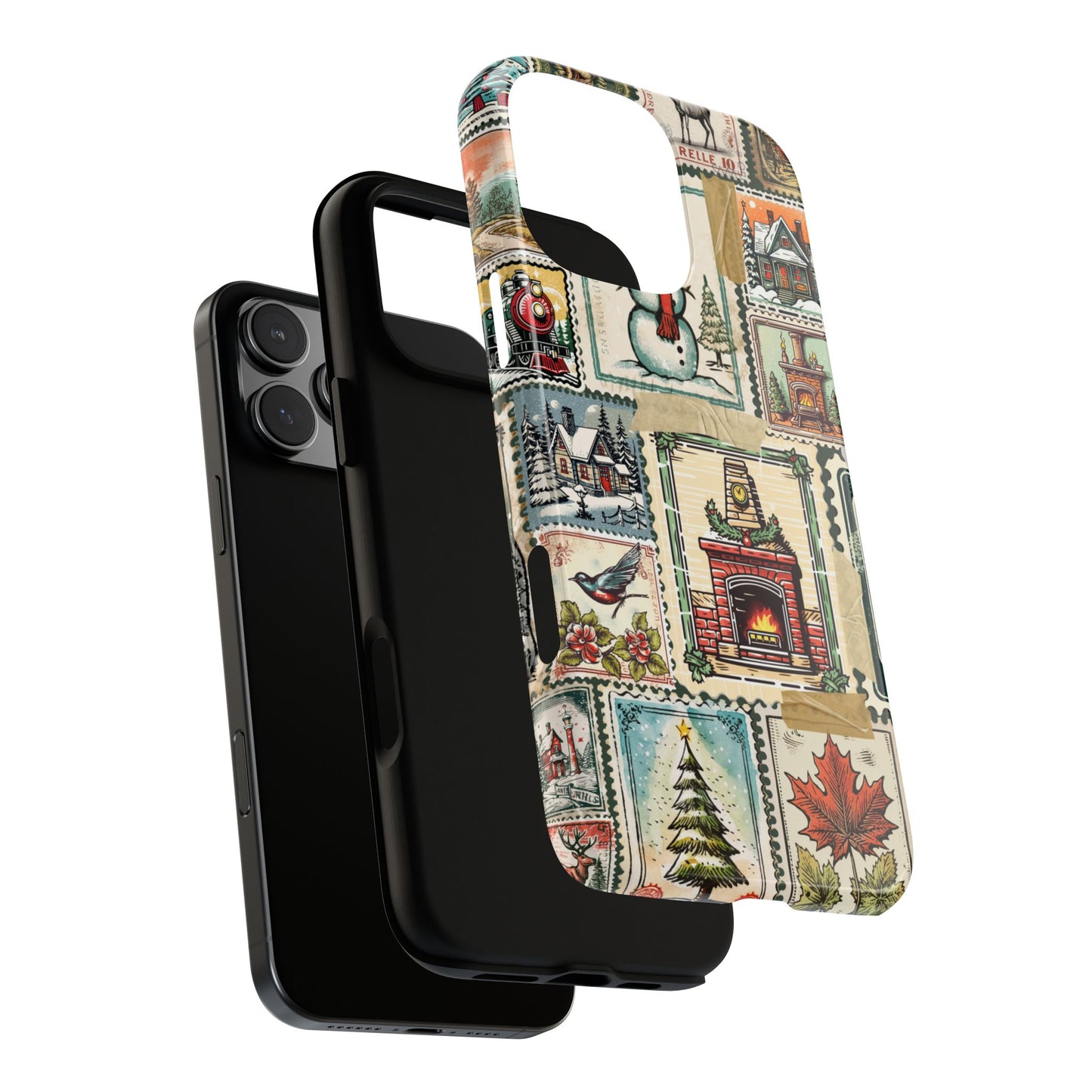 Vintage Christmas Postage Tough Phone Case - Retro Stamp Collage with Snowman & Fireplace