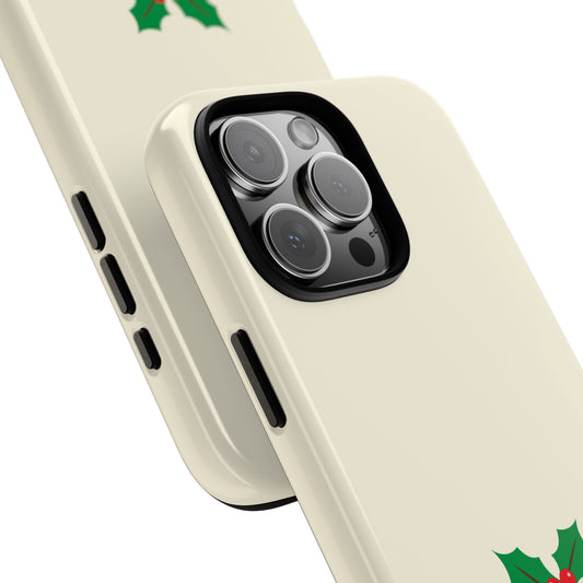 Minimalist Holly Tough Phone Case - Cream Background Christmas Design