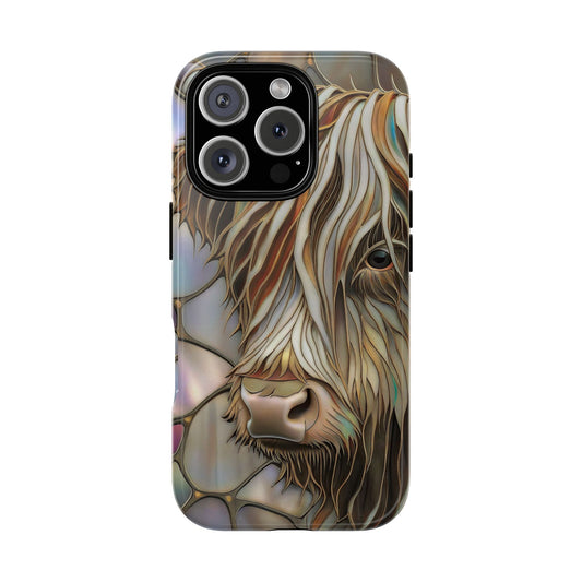 Stained Glass Highland Cow Phone Case - Art Nouveau Style Tough Case for popular smartphones, Refer Description for Models