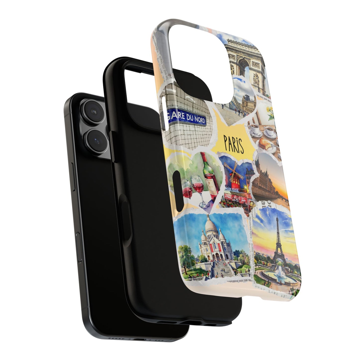 Paris France Tough Phone Case - Watercolor Collage of Eiffel Tower, Louvre, Wine & Coffee - Romantic Travel Gift for Her or Him