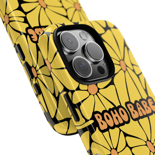 Boho Babe Yellow Flower Phone Case - Retro Boho Floral on Black Background, Bold Aesthetic Tough Case for Popular Smartphones