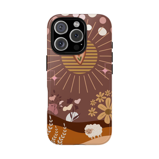 Boho Aesthetic Phone Case - Earthy Browns with Sun, Sheep & Retro Florals