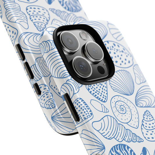Minimalist Seashell Line Art Phone Case - Blue & White Beach Pattern  - Ocean Aesthetic Coastal Vibes Cover