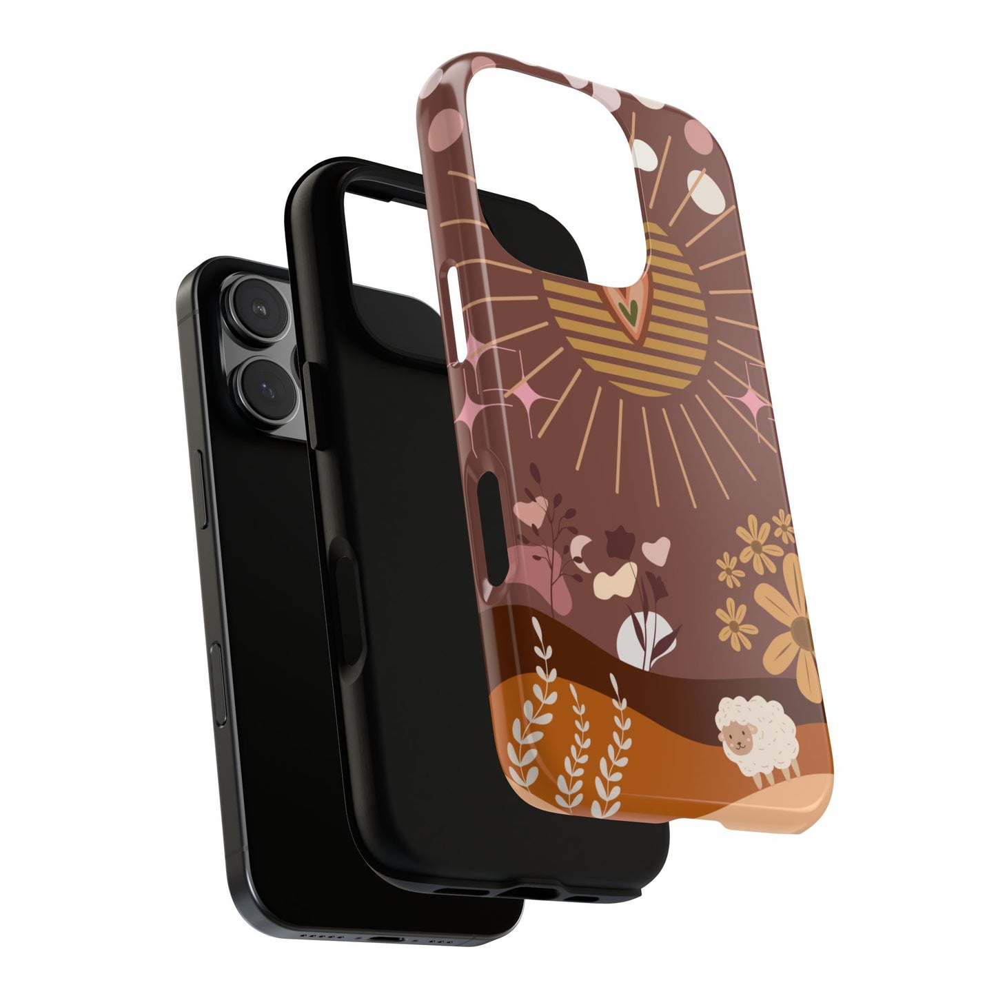 Boho Aesthetic Phone Case - Earthy Browns with Sun, Sheep & Retro Florals for iPhone, Samsung and Google Pixel, Various Models