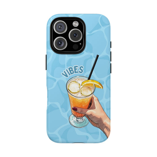 VIBES Phone Case - Poolside Cocktail Summer Case for Popular Smartphones - Retro Fun Illustration - Orange Drink Art on Aqua Water Background