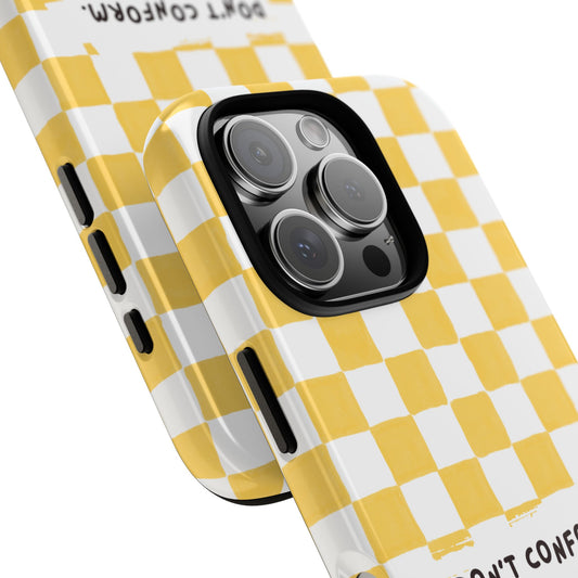 Don't Conform - Yellow Checkerboard Tough Case for Popular Smartphones - Bold Graphic Quote Design
