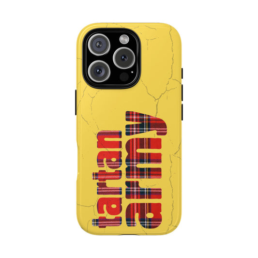 Tartan Army Phone Case - Bold Yellow Cracked Design with Scottish Plaid Text