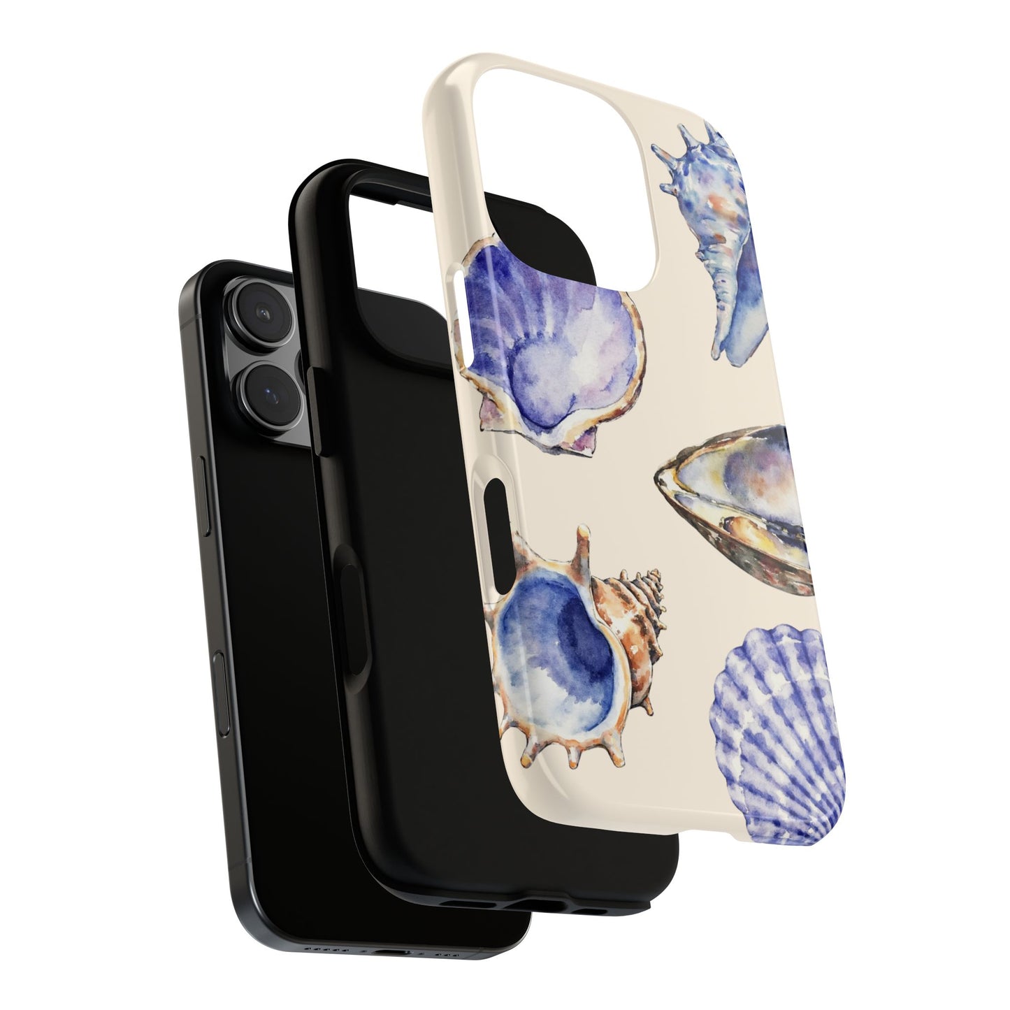 Blue Watercolor Seashell Tough Phone Case - Coastal Shell Design on Cream, for iPhone 16 15 14 13 12 11 Pro Max, Samsung & Google Pixel