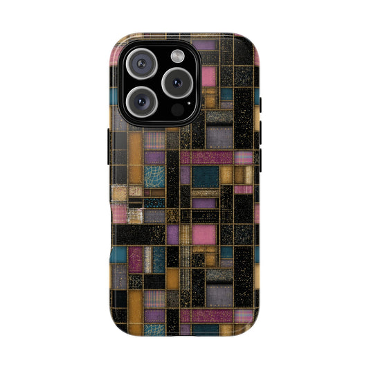 Dark Luxe Tiles Phone Case - Glam Geometric Gold Accents Design for Popular Smartphones