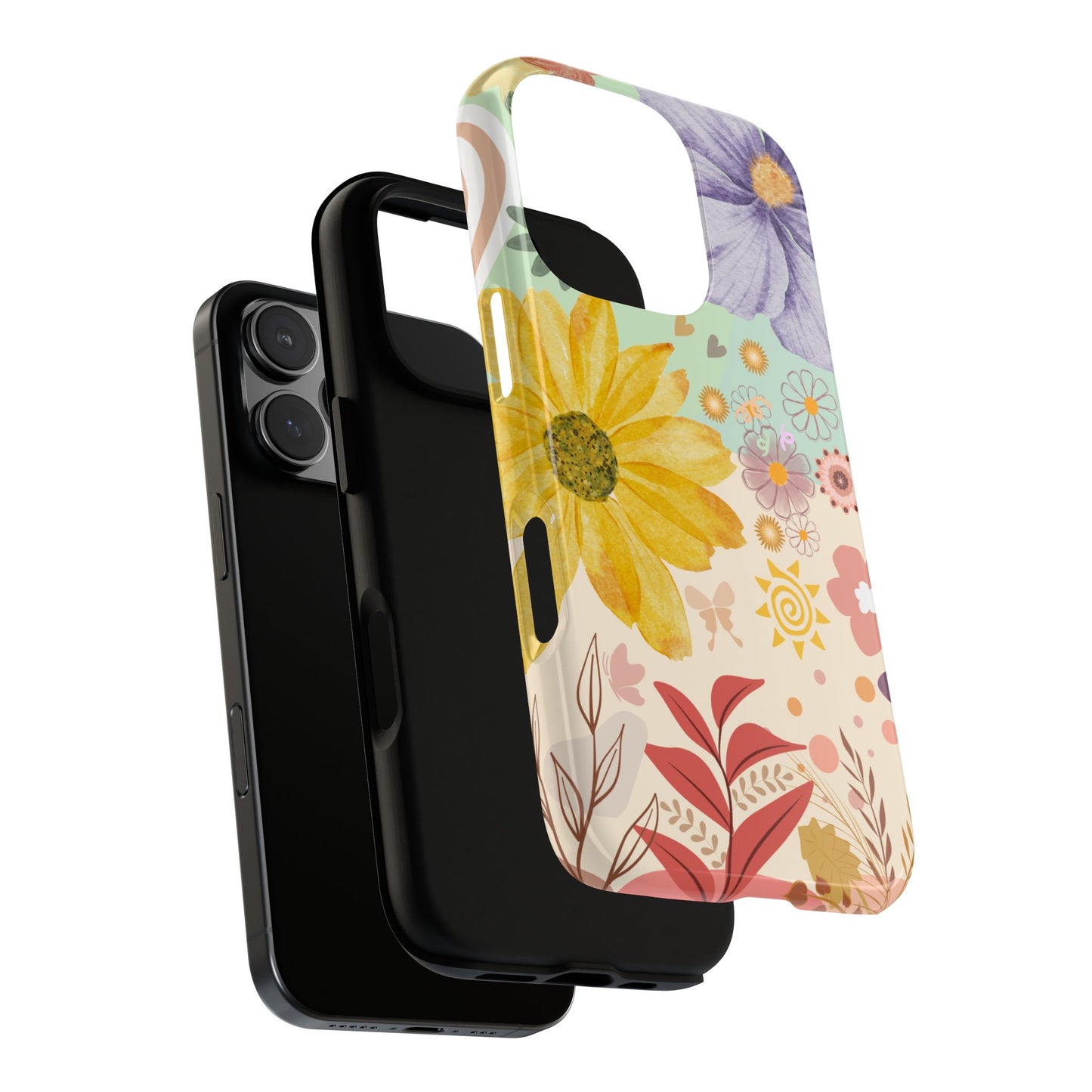 Boho Retro Sunflower Phone Case - Vintage Vibes with Hearts & Leaves for iPhone, Samsung and Google Pixel, Refer Description for Models