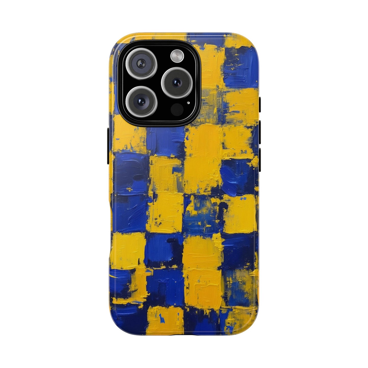Blue & Yellow Abstract Phone Case - Bold Textured Square Pattern Tough Protective Cover