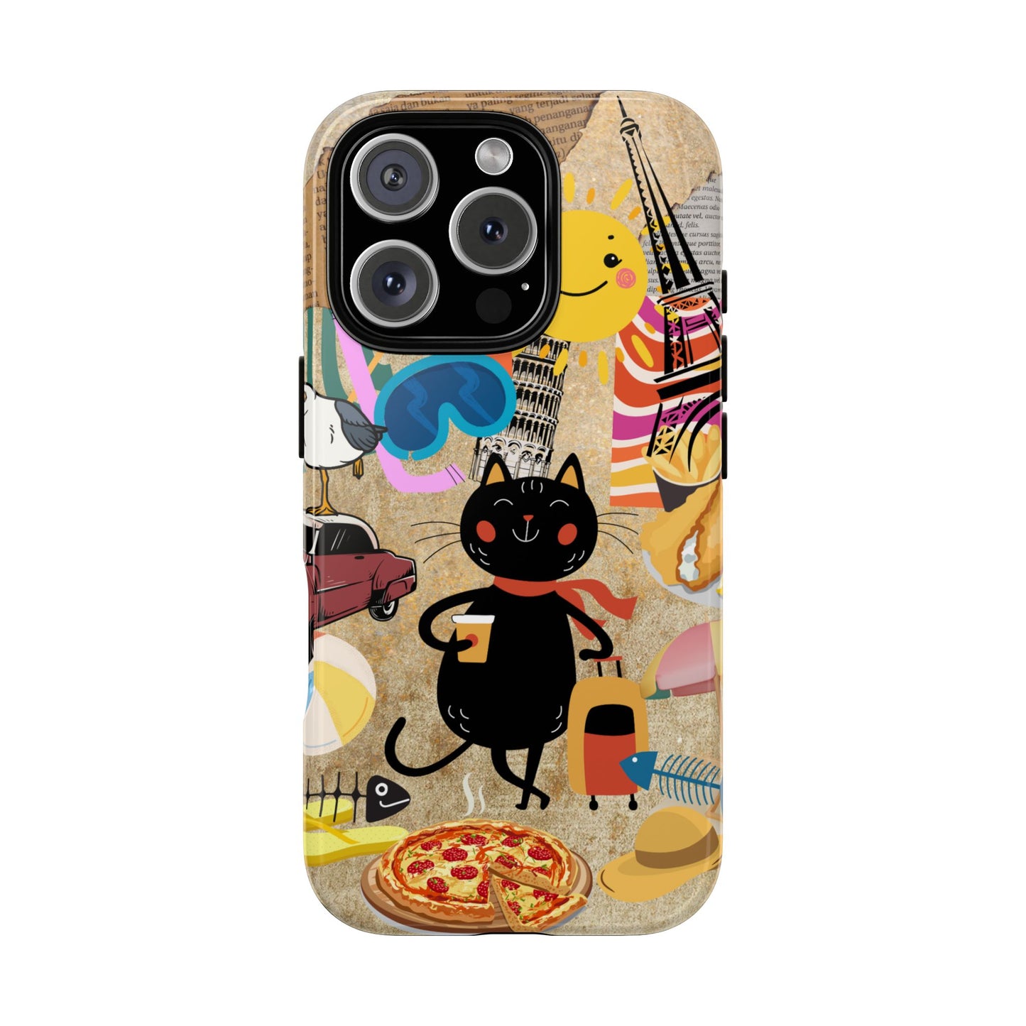 Whimsical Black Cat Holiday Mode Tough Phone Case, Retro Vacation Cover for iPhone Samsung Google, 3D Wraparound Design, Trendy Protective