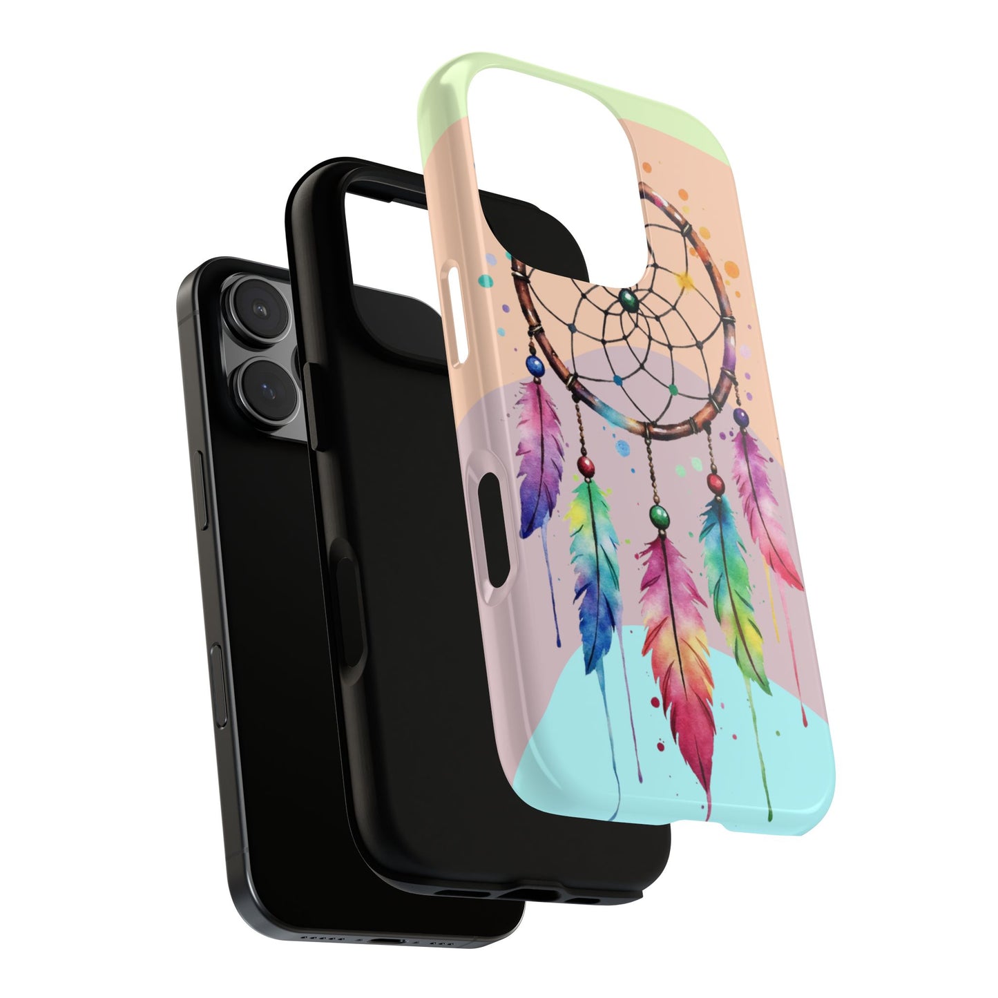 Boho Rainbow Dreamcatcher Tough Phone Case - Watercolor Feathers, Bohemian Aesthetic Protective Cover for iPhone, Samsung & Google Pixel
