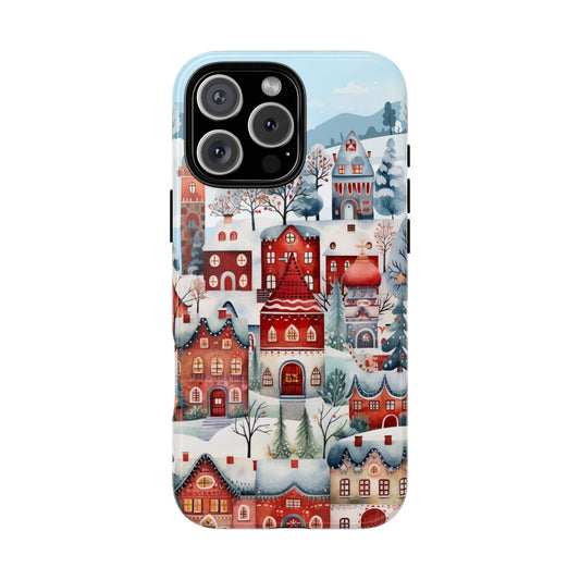 Scandinavian Winter Village Tough Phone Case with Festive Red Houses