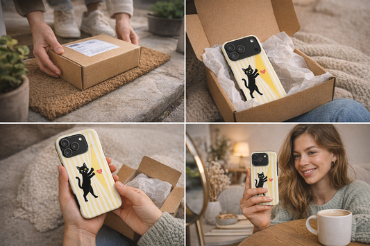 4 images of a phone case arriving by mail, a woman opening the box and taking a selfie with the phone case on her phone.