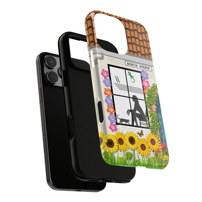 Acacia Avenue Suburbia Phone Case - Sunny Floral Window Scene with Cat & Silhouette