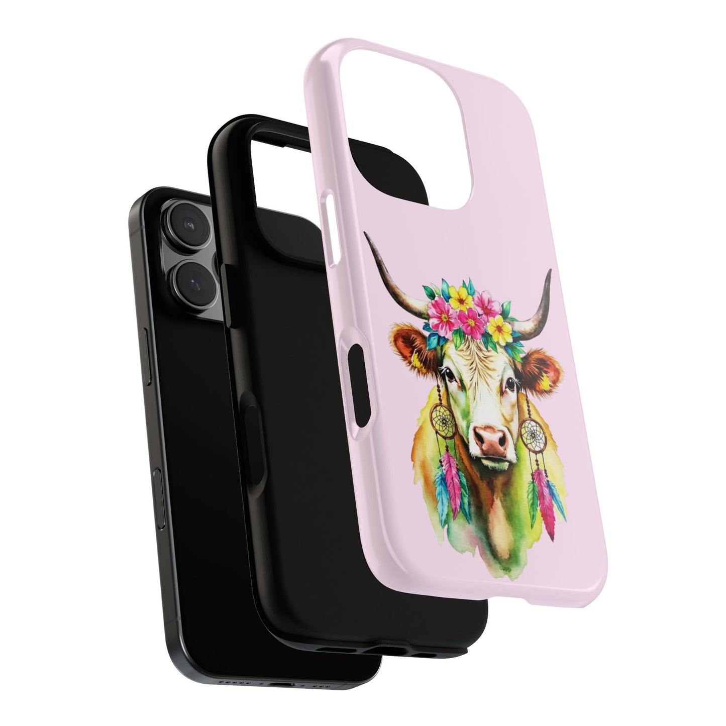 Highland Cow Phone Case - Boho Cow with Dreamcatchers & Flowers - Colorful Watercolor Cow
