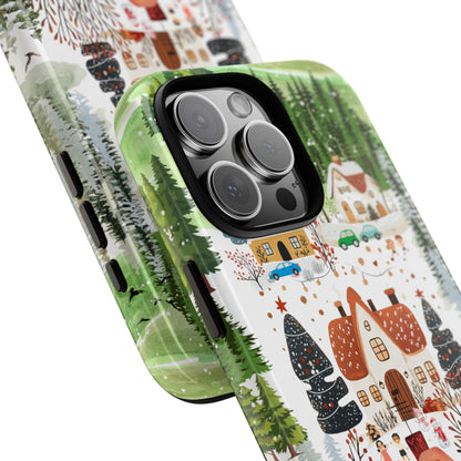 Scandi Christmas Village Tough Phone Case - Cozy Winter Cottage Scene - Nordic Festive Illustration